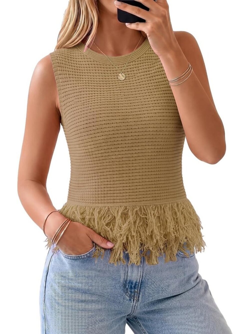 Chic Sleeveless Crochet Sweater Vest with Fringe Hem - Trendy Tank Top for Women